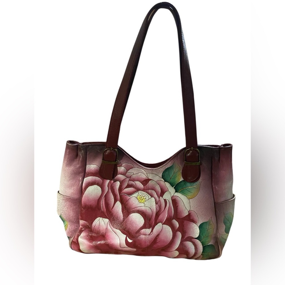 Anna By Anuschka Flower Hand Painted Leather Large Purse Shoulder Bag